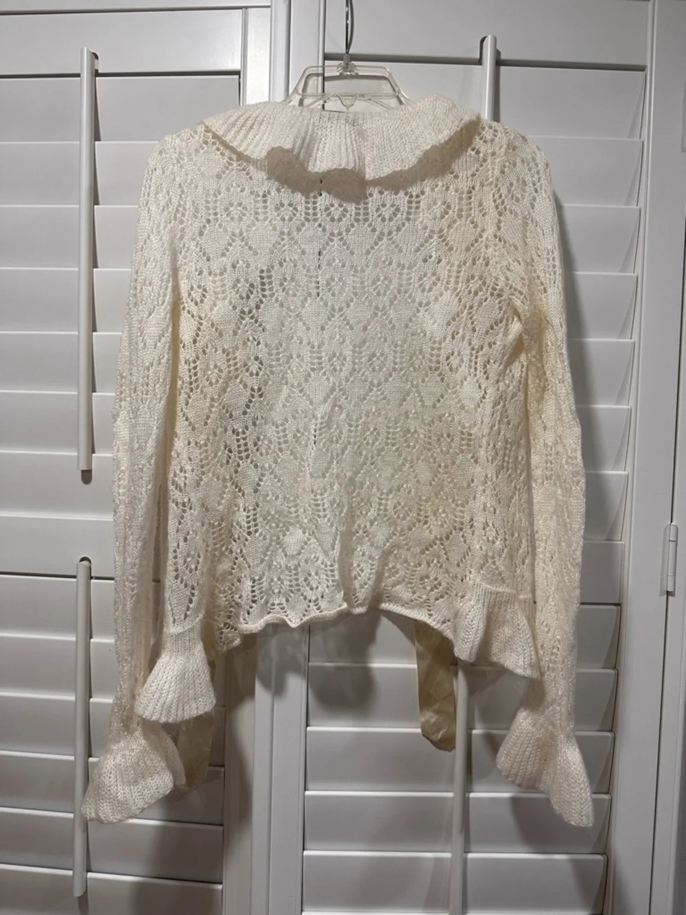 Next Era Couture Cream Lace Knit Cardigan Ruffle Bell Sleeve Tie Front Boho  Y2K - Picture 9 of 11